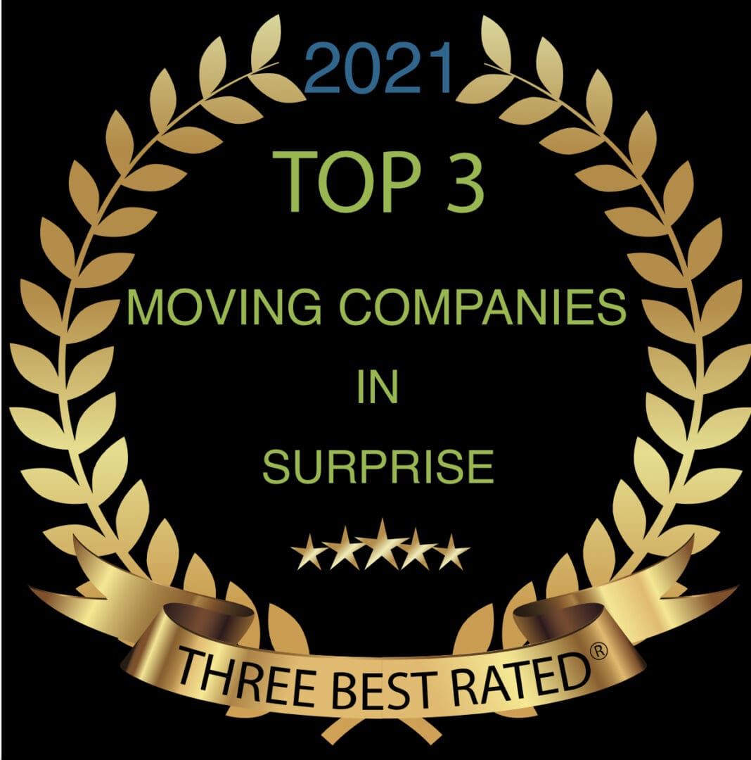 A gold wreath with the words " top 3 moving companies in surprise ".
